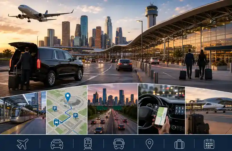 Transportation and airport planning for OTC Houston featuring airport transfers, executive SUV transportation, Houston traffic routes, and travel logistics for convention attendees.